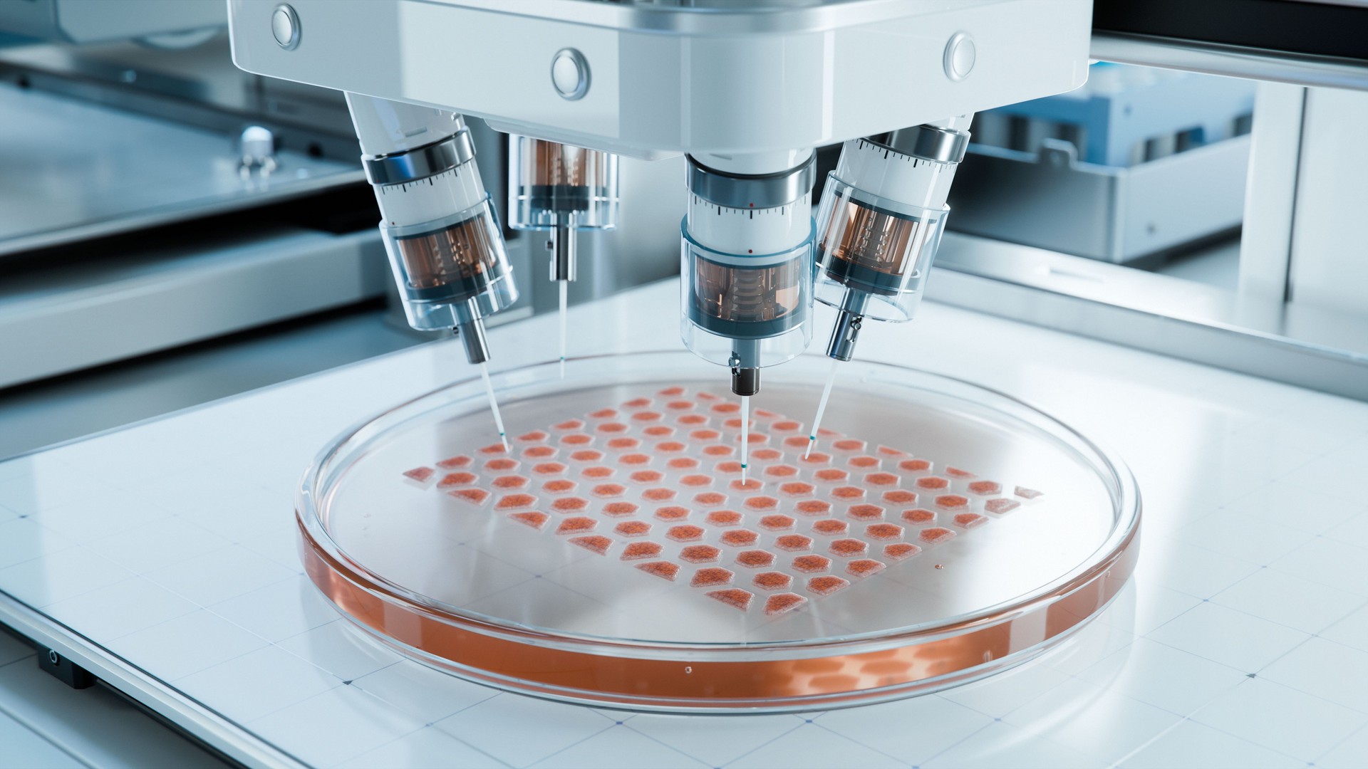 High Precision Research Equipment Conducting Experiments. Inside Futuristic Laboratory Automated Injectors working on Artificially Grown Organic Tissues. Bioprinting Advanced Technology Concept.